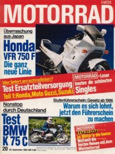 Titelseite: MOTORRAD 20/1985 – Fahrbericht Honda VFR 750 F; Test BMW K 75 C; Dauertest Honda MBX 80