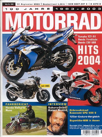 Titelbild: MOTORRAD 20/2003 – Top-Test Aprilia RSV 1000 R Factory; BMW R 1200 C Montauk im Vergleich