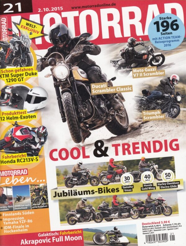 MOTORRAD 21/2015 – KTM Super Duke 1290 GT, Ducati Scrambler Classic, Triumph Scrambler, Jubiläums-Bikes