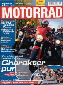 Titelseite: MOTORRAD 21/1999 – Buell X1 Lightning vs. Moto Guzzi V11 Sport vs. Triumph Speed Triple