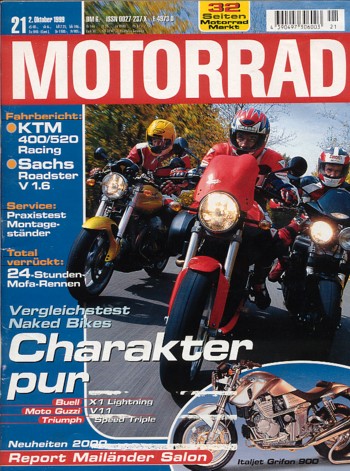 MOTORRAD 21/1999 – Buell X1 Lightning vs. Moto Guzzi V11 Sport vs. Triumph Speed Triple