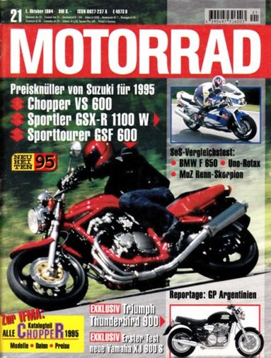 MOTORRAD 21/1994 – Test Yamaha XJ 900 S Diversion; BMW R 1100 RS, hier als Armec Tremola II-Gespann; Test Benelli 254