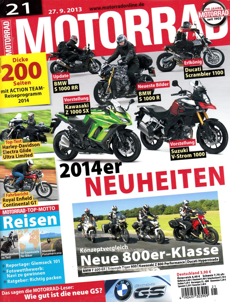 Titelbild: MOTORRAD 21/2013 – Top-Test Harley-Davidson Electra Glide Ultra Limited; Leser-Urteil BMW R 1200 GS