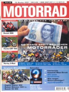 Titelseite: MOTORRAD 22/2001 – Top-Test Harley-Davidson V-Rod; Suzuki SV 650 im Vergleich