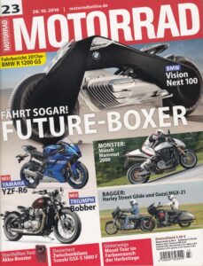 Titelseite: MOTORRAD 23/2016 – BMW Vision Next 100 Future-Boxer, Yamaha YZF-R6, Triumph Bobber, Suzuki GSX-S 1000 F