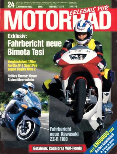 MOTORRAD 24/1992 – Test Kawasaki ZZ-R 1100; Test Bimota Tesi 1D E.S.; Aprilia AF1 125 Sport Pro; Cagiva 125 Mito II