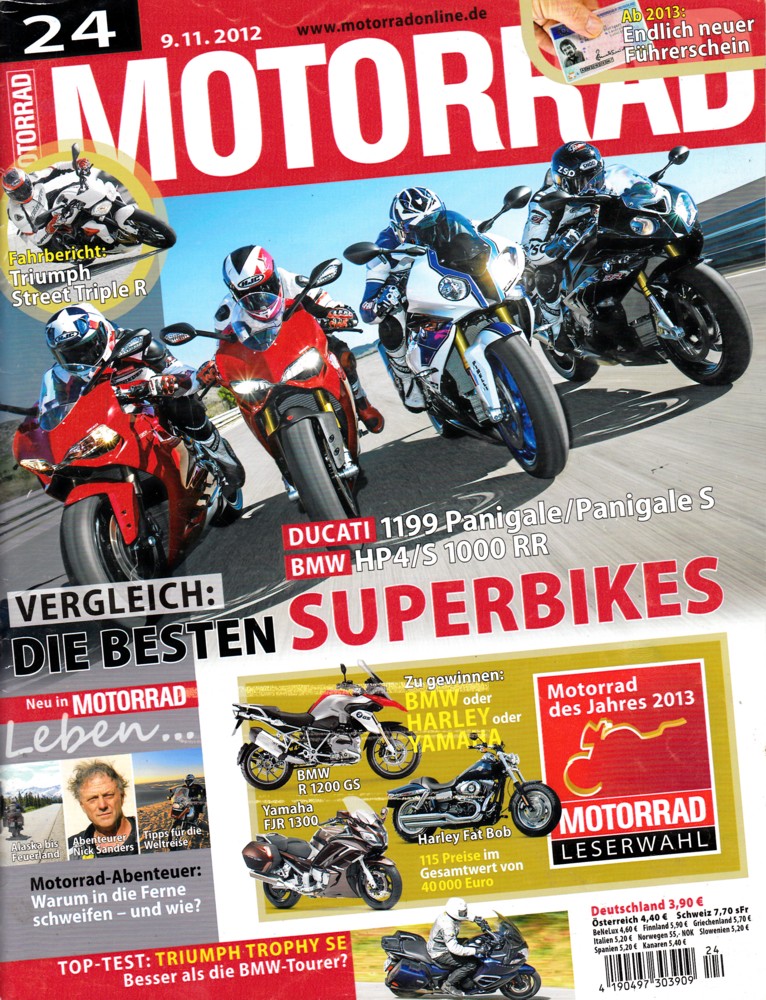 Titelbild: MOTORRAD 24/2012 – Vergleich BMW HP4 + S 1000 RR vs. Ducati 1199 Panigale + Panigale S