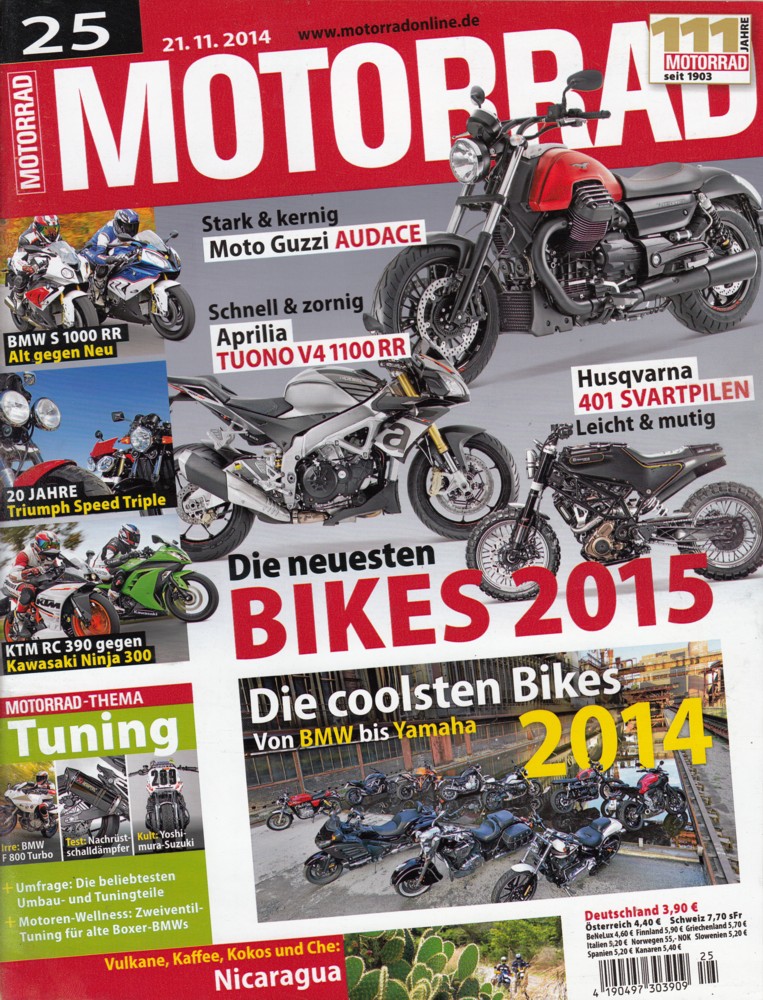 Titelbild: MOTORRAD 25/2014 – BMW S 1000 RR 2014/2015; drei mal Triumph Speed Triple
