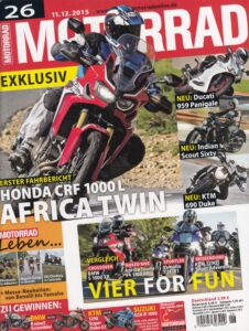 Titelseite: MOTORRAD 26/2015 – Honda CRF 1000 L Africa Twin, Ducati 959 Panigale, Indian Scout Sixty, KTM 690 Duke