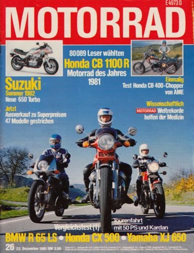 MOTORRAD 26/1981 – BMW R 65 LS mit 37 kW (50 PS) im Vergleichstest; Honda CX 500 mit 37 kW (50 PS) im Vergleichstest