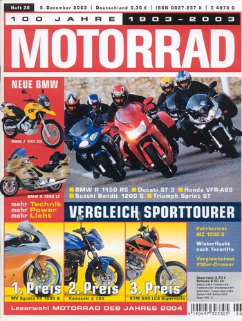 Titelbild: MOTORRAD 26/2003 – TOP-Test NSU Supermax; Gebrauchtkauf Suzuki GS 500 E