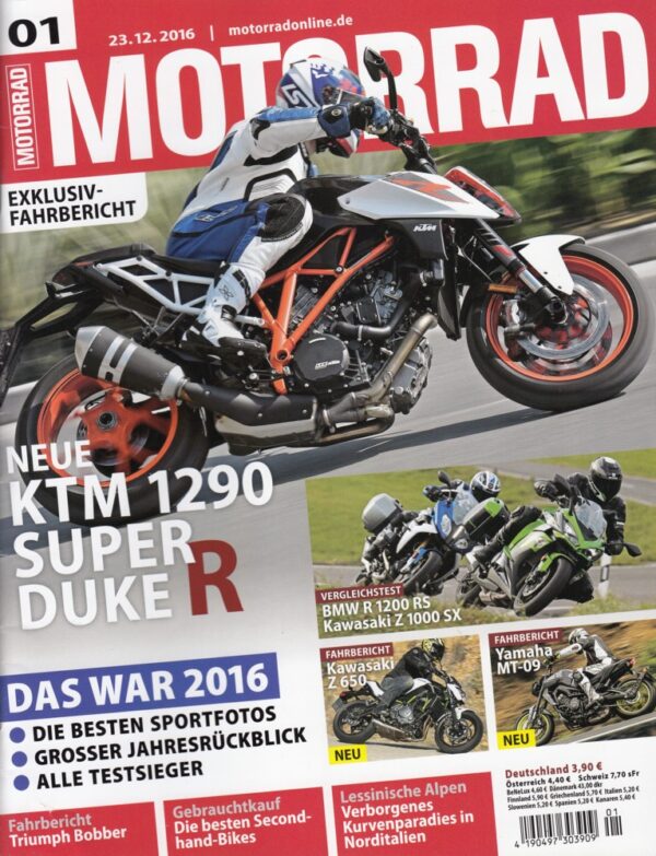 MOTORRAD 01/2017 – KTM 1290 Super Duke R exklusiv, Das war 2016 Jahresrückblick, BMW G 310 GS