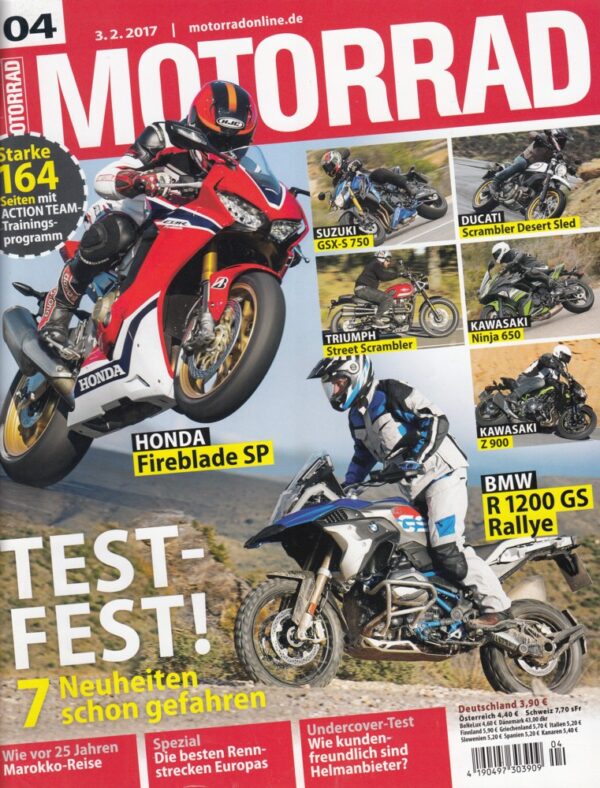 MOTORRAD 04/2017 – Testfest, Honda Fireblade SP, BMW R 1200 GS Rallye, 7 Neuheiten gefahren