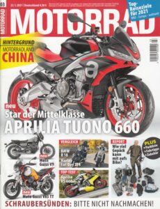 Titelseite: MOTORRAD 03/2021 – Aprilia Tuono 660, BMW R18, Harley Fat Boy, Moto Guzzi V9