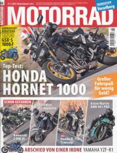 Titelseite: MOTORRAD 04/2025 – Top-Test Honda Hornet 1000, Abschied Yamaha YZF-R1