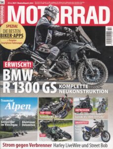 Titelseite: MOTORRAD 14/2021 – BMW R 1300 GS, Yamaha MT-09 SP, Harley-Davidson LiveWire, Street Bob