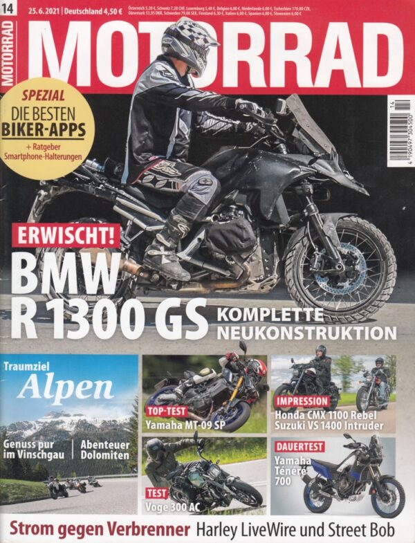 MOTORRAD 14/2021 – BMW R 1300 GS, Yamaha MT-09 SP, Harley-Davidson LiveWire, Street Bob