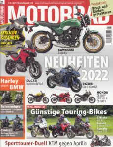 Titelseite: MOTORRAD 21/2021 – Fahrbericht Honda-CB-500-Reihe, große BMW/Harley-Challenge