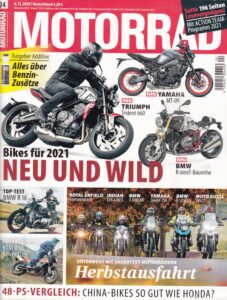 Titelseite: MOTORRAD 24/2020 – Neue Bikes 2021, BMW R18, Trident 660, MT-09, Herbst-Ausfahrt