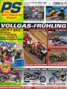 Titelseite: PS 3/2002 – Kult-Bike Yamaha RD 500 LC, 18 Jahre Honda NSR 500
