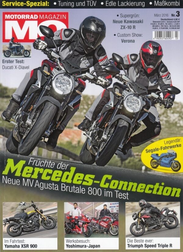 03 MO 3/2016 – Testberichte Yamaha XSR 900; Triumph Speed Triple R; Kawasaki ZX-10R; Ducati X-Diavel