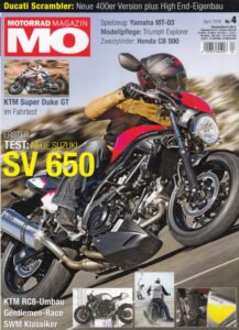 Titelseite: MO 4/2016 – Testberichte Suzuki SV 650, Honda CB 500 F und CBR 500 R