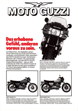MOTO GUZZI 850 Le Mans II und andere + Prospekt flyer + 1 Blatt / 2 Seiten