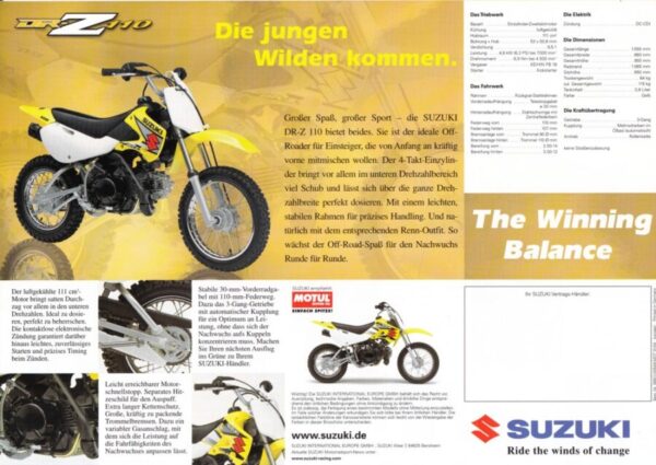 SUZUKI DR-Z 110 / JR80/50 + Prospekt flyer + 1 Blatt / 2 Seiten + aus 1/2004