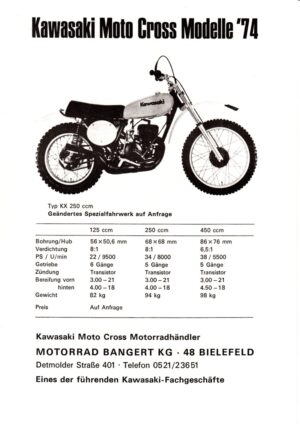 KAWASAKI + Moto Cross Modelle 1974 + 1 Blatt, einseitig bedruckt