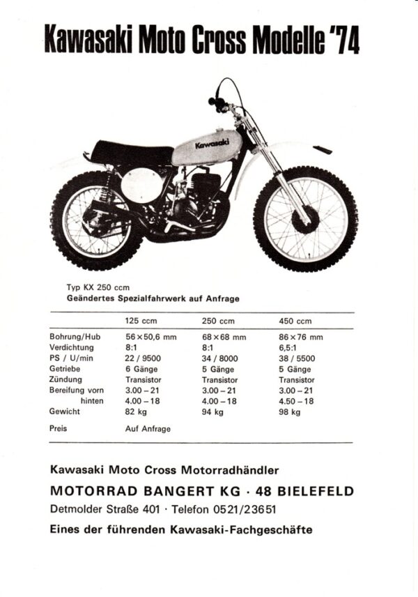 KAWASAKI + Moto Cross Modelle 1974 + 1 Blatt, einseitig bedruckt