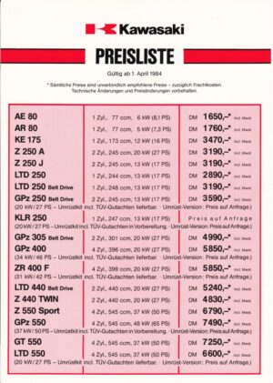 1984 Preisliste KAWASAKI + Motorradprogramm + Preisliste 1984 + Datenblatt + 2 Seiten