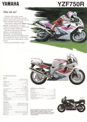 1993 1 YAMAHA YZF 750 R / SP + Prospekt flyer + 1 Blatt / 2 Seiten + aus 1993