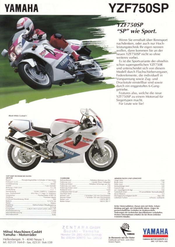 YAMAHA YZF 750 R / SP + Prospekt flyer + 1 Blatt / 2 Seiten + aus 1993