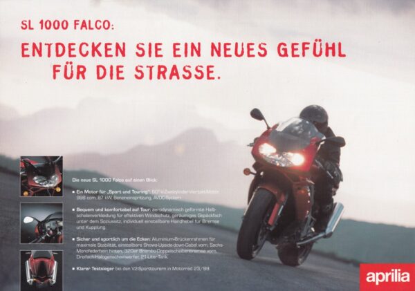 APRILIA SL 1000 Falco + Prospekt flyer + 1 Blatt / 2 Seiten + aus 2000?
