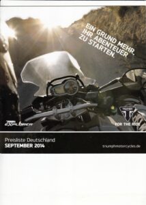 Titelseite: TRIUMPH + Motorräder 2014 + Prospekt price list + 10 Seiten