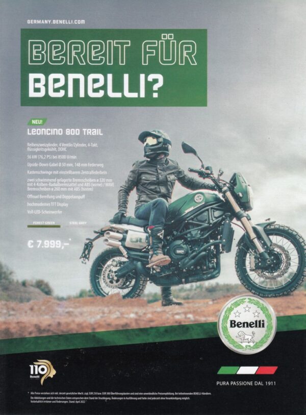 2022 BENELLI + Motorräder 2022+ PROSPEKT / brochure + 8 Seiten