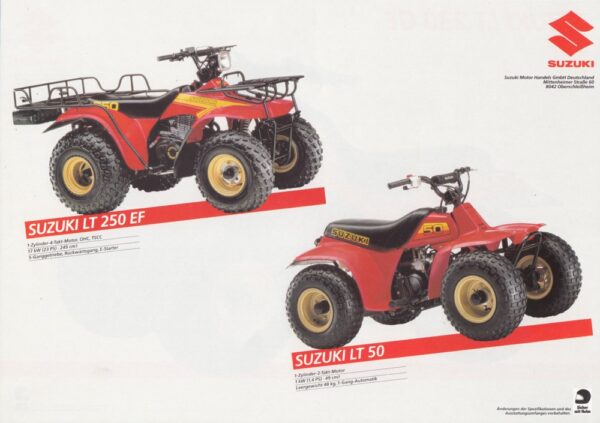 250 EF und 50 1985 bis SUZUKI LT 230 GE / 250 EF / 50 + Prospekt flyer + 1 Blatt / 2 Seiten