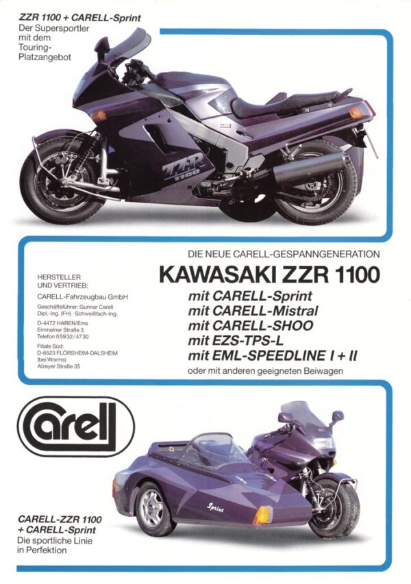 Kawasaki ZZR 1100 CARELL Sprint + Kawasaki ZZR 1100 + PROSPEKT / flyer + 1 Blatt / 2 Seiten