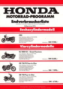 Titelseite: HONDA, Motorrad-Programm 1978, Preisliste Prospekt brochure + 4 Seiten