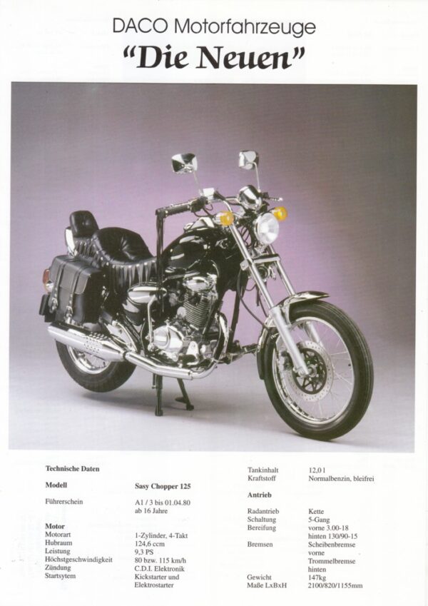 DACO Motorfahrzeuge+ Sasy Chopper 125 + Prospekt flyer + 1 Blatt / 2 Seiten