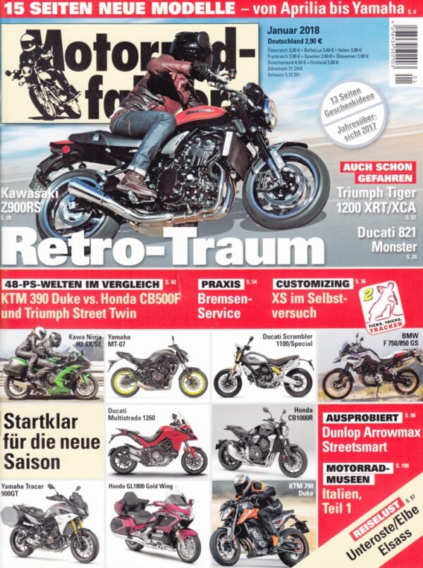 Motorradfahrer Januar 2018 + Kawasaki Z 900 RS + Ducati Monster 821
