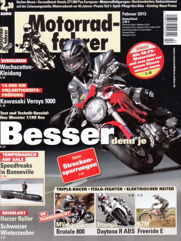 Motorradfahrer Februar 2013 + Test & Technik Ducati Monster 1100 Evo