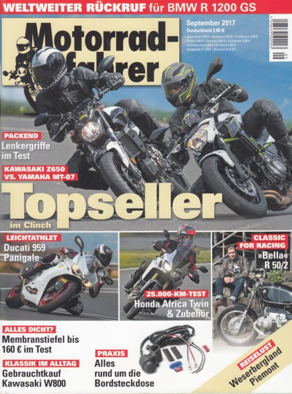 Motorradfahrer September 2017 + Vergleich Kawasaki Z 650 vs. Yamaha MT-07