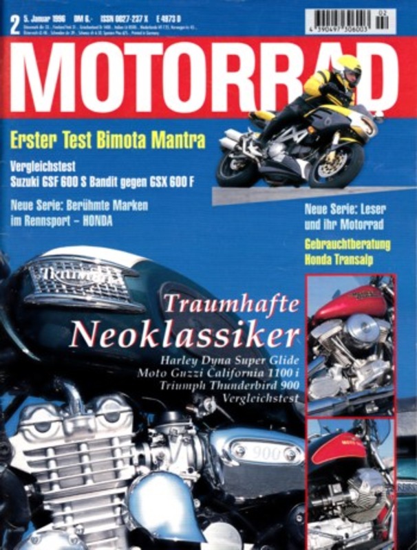 Titelbild: MOTORRAD 2/1996 – Test Bimota Mantra; Vergleich Suzuki GSX 600 F und GSF 600 S Bandit
