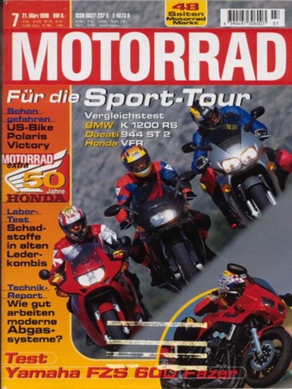 Titelbild: MOTORRAD 7/1998 – Vergleich BMW K 1200 RS vs. Ducati ST2 vs. Honda VFR 800