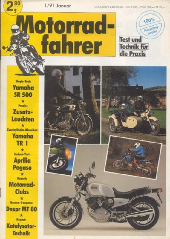 Titelbild: Motorradfahrer 1/1991 – Aprilia Pegaso 600; Dnepr MT 80 Gespann