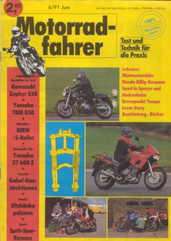 Titelbild: Motorradfahrer 6/1991 – Kawasaki Zephyr 550; Honda CJ 250 T Gespann
