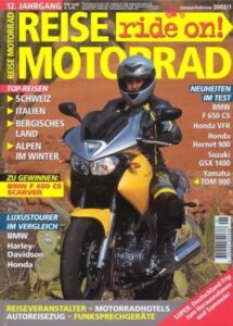 Titelseite: REISE MOTORRAD ride on! 1/2002 – Vergleich BMW K 1200 LT vs. Honda Gold Wing