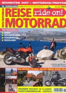 Titelseite: REISE MOTORRAD ride on! 6/2006 – Test Kawasaki Versys; Honda Gold Wing Crashtest