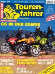 Titelseite: Tourenfahrer 8/2001 – Aprilia Caponord vs. BMW R 1150 GS im Allrounder-Vergleich